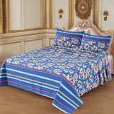 3 Pcs Blue Floral Striped Bedsheet Set With Matching Pillow Covers