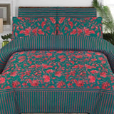 3 Pcs Red and Green Printed Bedsheet with Striped Accents