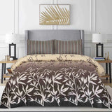 3 Pcs Modern Brown and Beige Leaf-Patterned Bedsheet Set with Striped Pillow Design